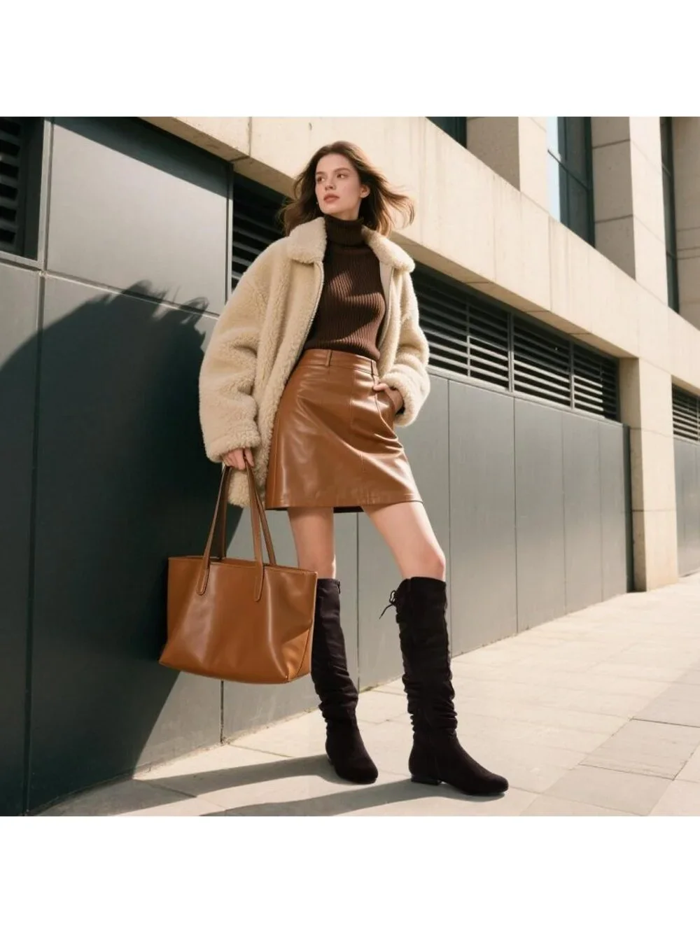 Women's Brown Flat Heel Pointed Toe Slouch Over The Knee Thigh High Boots